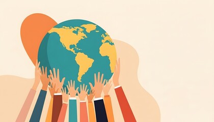 Worldwide Support Global Hands Illustration, Diverse Hands Holding Globe, Unity Concept
