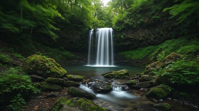 A serene waterfall cascading down a rocky slope surrounded by lush greenery and moss-covered stones in a dense forest. Perfect for nature documentaries, travel brochures, and environmental