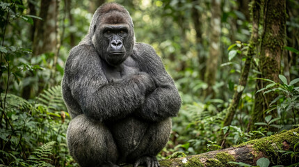 Naklejka premium Silverback Gorilla with Crossed Arms in African Wildlife Setting
