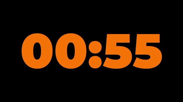 One minute countdown animation from 60 seconds to 0 seconds on a transparent background, One minute countdown timer with alpha channel