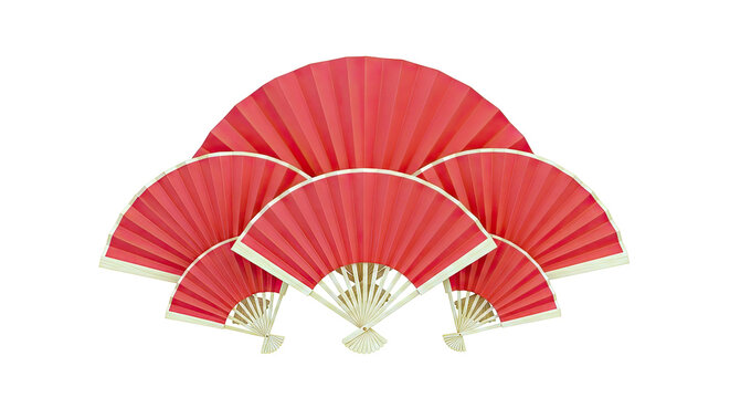 Arrangement of Red Paper Fans with Wooden Ribs