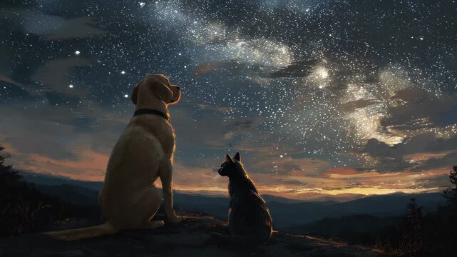 Dogs and cats watch stars under the night sky on a mountain as the sun sets in the background creating a colorful scene