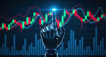 Robotic hand interacting with financial market data visualization