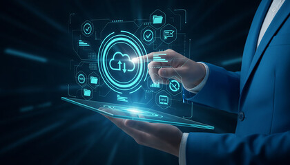 Professional man in blue suit using futuristic cloud computing interface with data storage icons and synchronization symbols representing network connectivity and global server access