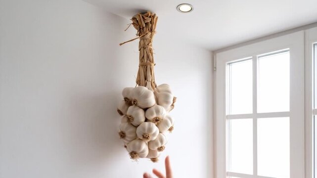 Hanging garlic bulbs against white wall with hand reaching for it