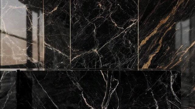 Polished black marble with striking gold and white veining, featuring linear accents