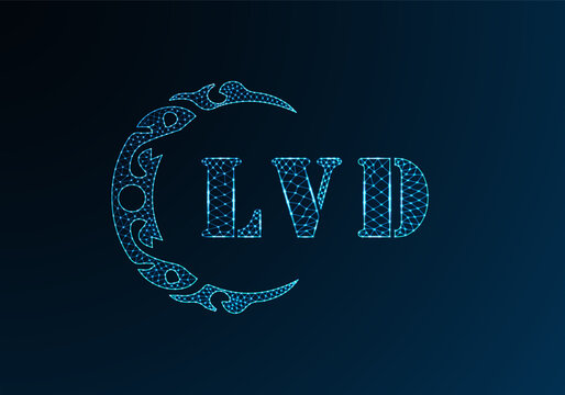 Low poly letter logo LVD design. LVD letter logo low poly vector design on blue color gradient background. LVD logo low poly design