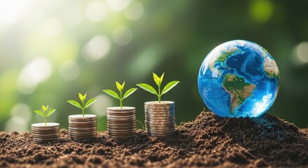 Sustainable growth concept with coins and green plants emerging from earth