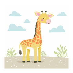 Obraz premium Animated Giraffe in the Wild: An adorable giraffe with a cheerful expression stands amidst stylized plants and fluffy clouds, rendered in a charming cartoon style.