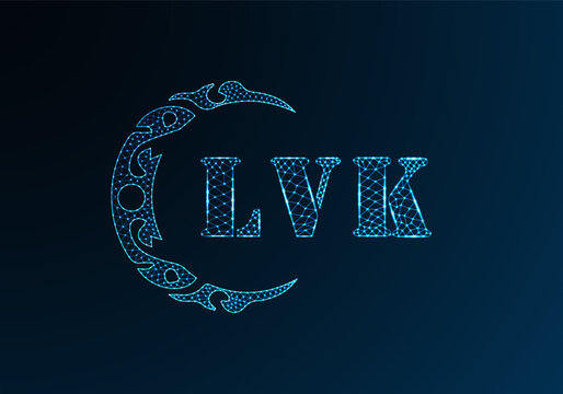 Low poly letter logo LVK design. LVK letter logo low poly vector design on blue color gradient background. LVK logo low poly design