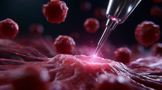 A close-up depiction of a high-precision laser beam targeting a biological structure, showcasing the intricate interactions between technology and cellular biology in a vibrant pink and red