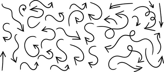 A complex network of hand drawn arrows on a white background with varying line styles and directions