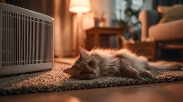 Domestic cat lying on carpet near air purifier enjoying fresh air in living room