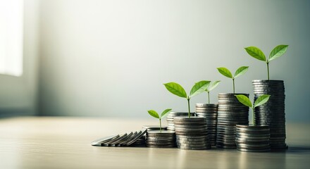 Coins stacked with small plants growing on top symbolizing financial growth and investment