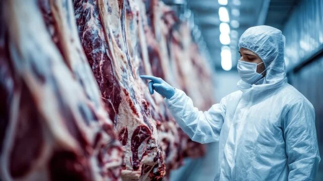 Butcher inspecting beef carcasses hanging in a refrigerated room of a meat processing factory