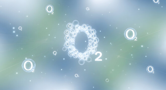 Abstract visualization of oxygen molecules O2 floating in a soft blue and green gradient background with glowing particles, representing science and health