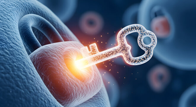 Unlocking the secrets of cellular biology: A glowing key enters a biological lock, symbolizing discovery and medical breakthroughs in a microscopic world.