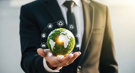 Businessman holding a glowing green earth with icons