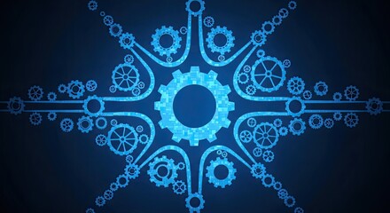 Glowing blue gear snowflake design on dark background