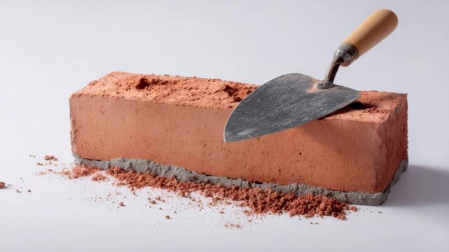 Trowel resting on red brick with mortar and brick dust on white background