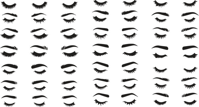 Cartoon eyelashes. Cute close eye with lash, girl face with mascara lashes, woman makeup, sleeping beauty. Funny closed unicorn eyes