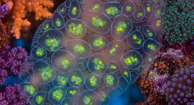 Close-up macro view of a transparent sea squirt colony revealing intricate internal structures and bright yellow zooids amidst vibrant coral reef ecosystem underwater.
