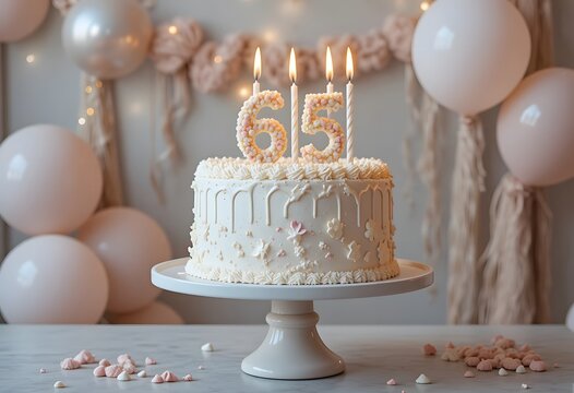 A beautifully decorated cake with 65 candles for a special celebration. 65th birthday cake