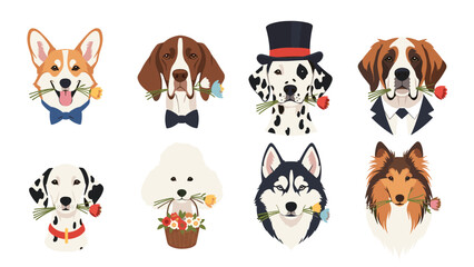 Obraz premium Set of eight different dog breeds holding colorful flowers in their mouths to represent various celebratory themes like weddings or birthdays.