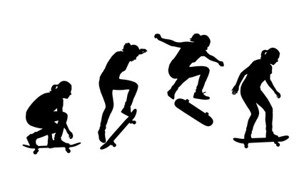 Silhouette sequence of a female skateboarder jumping. Vector illustration isolated on white background.  © Pens'K