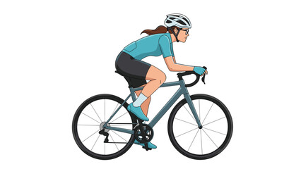 Fototapeta premium Professional female cyclist in blue athletic gear and helmet riding a grey road bike in a racing position.