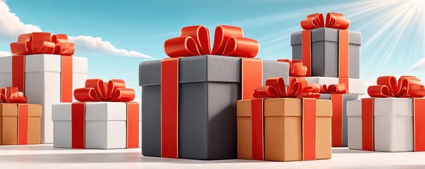 Obraz premium A colorful pile of wrapped gift boxes with red ribbons set against a sunny sky