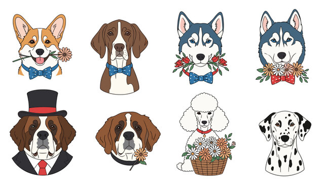 Set of diverse dog breed illustrations featuring accessories like bow ties, top hats, and baskets of flowers.