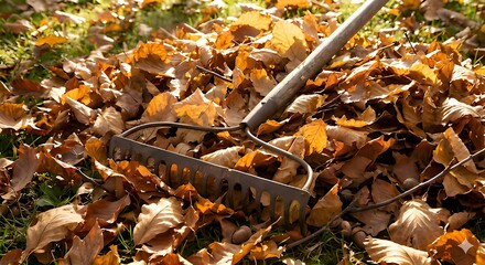 Autumn Fallen Leaves with Garden Rake Yard Cleaning Concept
