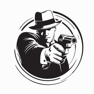 Gangster Aiming Gun Image Vector Silhouette on White Background