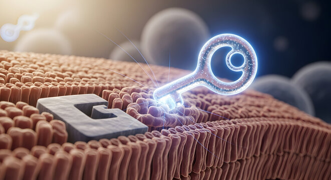 Molecular key unlocking a cellular receptor on a biological membrane, representing signal transduction and drug discovery at the nanoscale