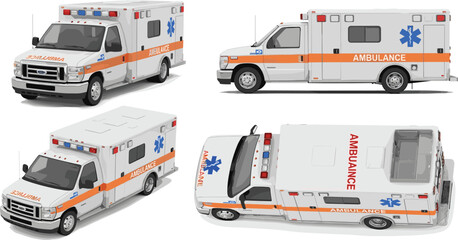 Modern ambulance emergency vehicle mockup set featuring front side top and perspective views with red siren lights for medical transport and paramedic healthcare concepts © its