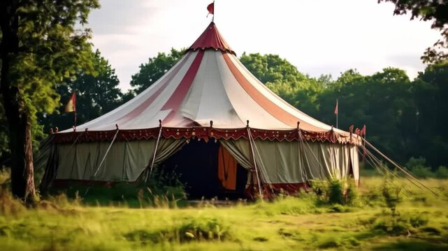 Large circus tent outdoors against trees and sky copy space concept