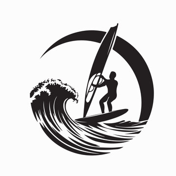 Windsurfing Silhouette Logo Design Vector on White Background 