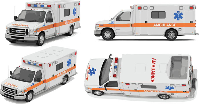 Modern ambulance emergency vehicle mockup set featuring front side top and perspective views with red siren lights for medical transport and paramedic healthcare concepts