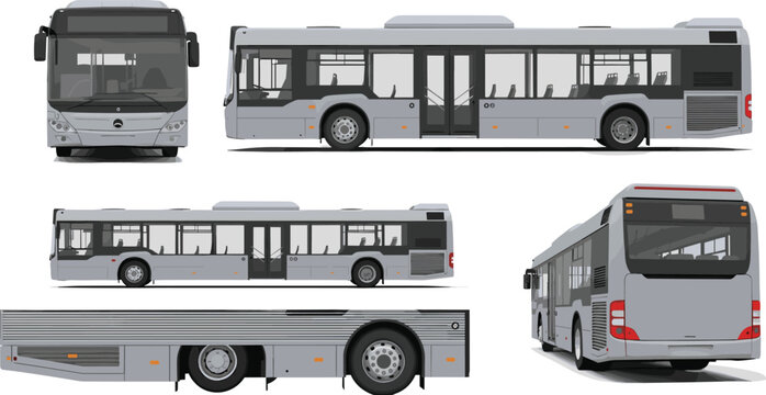 Modern city bus vehicle mockup set with multiple views including front side and rear for public transportation branding urban transit and passenger commute design