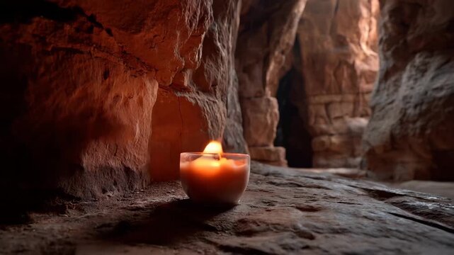 Candle burns quietly inside cave as light spills on rocky walls and shadows shift during late afternoon