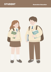 Fototapeta premium Cute student characters in school uniform holding books illustration