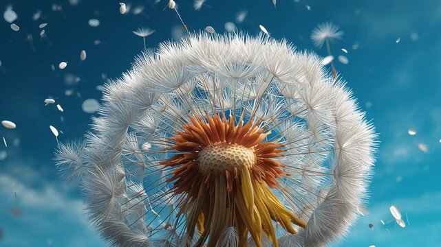 ose up of dandelion seeds blowing in the wind against blue sky