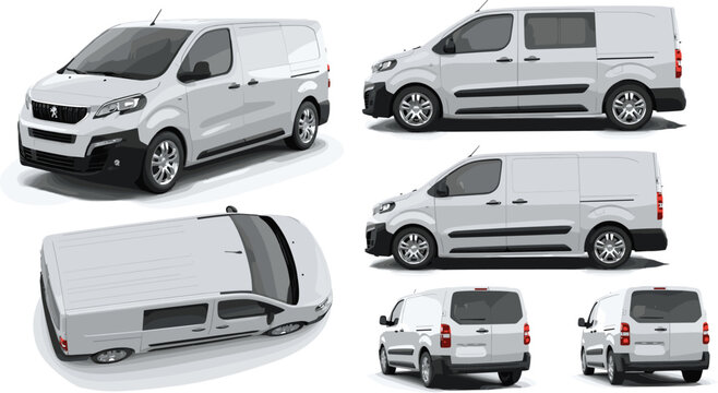 Modern white cargo delivery van vector set with multiple views including front side rear and top perspective for commercial logistics and transport projects