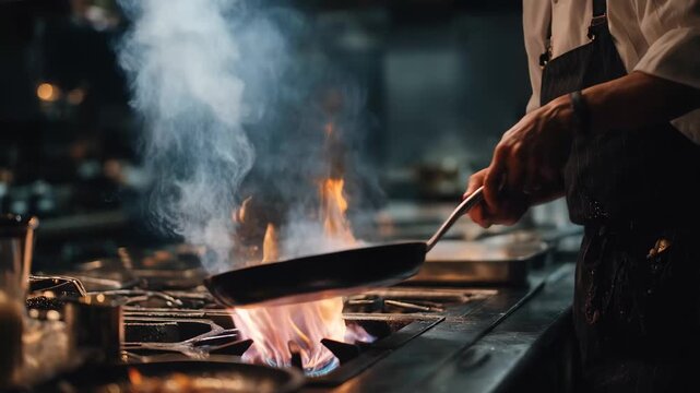 Chef cooks in a busy kitchen while flames rise from a pan during the evening dinner rush in a restaurant