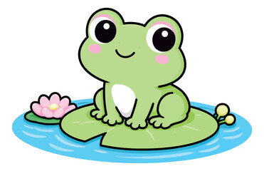 Fototapeta premium Cute cartoon illustration of a frog depicting it sitting on a lily pad and smiling for kids content