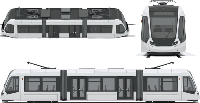 Modern White City Tram Illustration Showing Side Front and Top View Perspectives for Urban Transportation Infrastructure Public Transit Systems and Sustainable Metropolitan Commuter Travel Designs