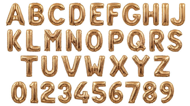 Gold balloon alphabet and numbers set, with golden metallic reflective surface, isolated on white background, graphic design