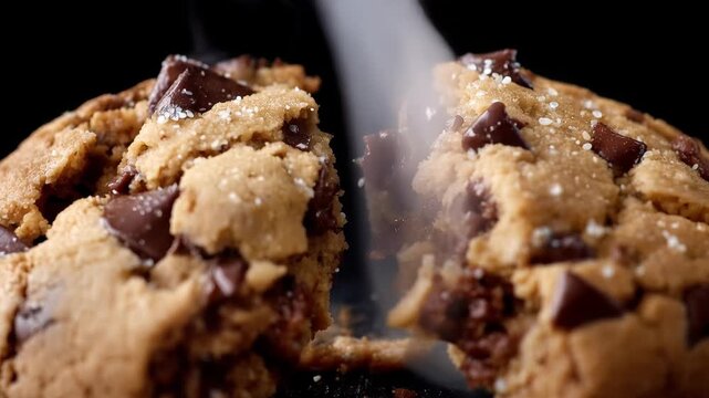 Chocolate chip cookie breaks in half showing melted chocolate and cookie crumbs on a dark background with sugar on top