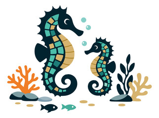 Obraz premium Cute graphic ocean elements set featuring two seahorses, coral, and fish for aquatic design